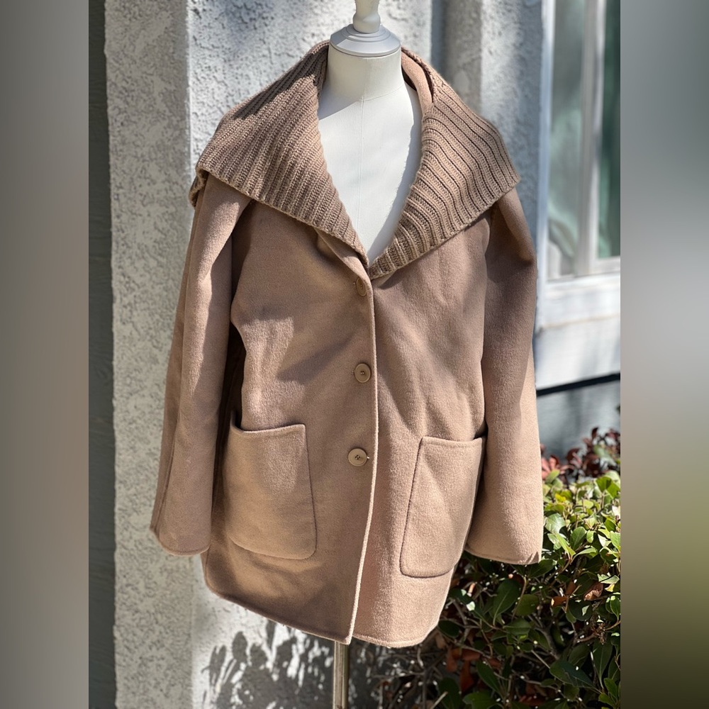 Tan Oversized Coat with Ribbed Collar